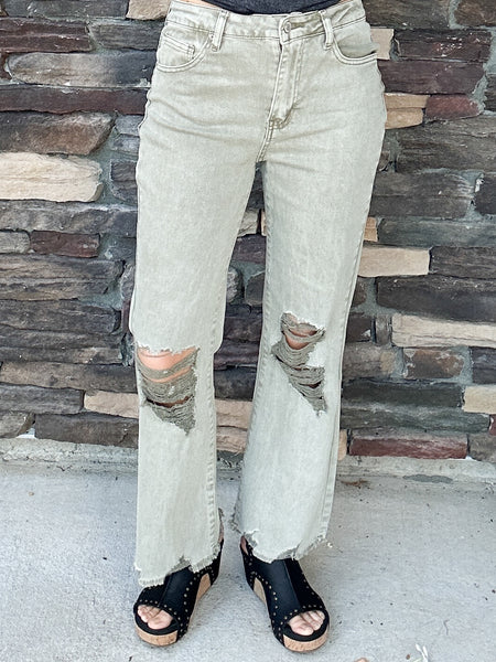 Olive Distressed Wide Leg Crop Jean