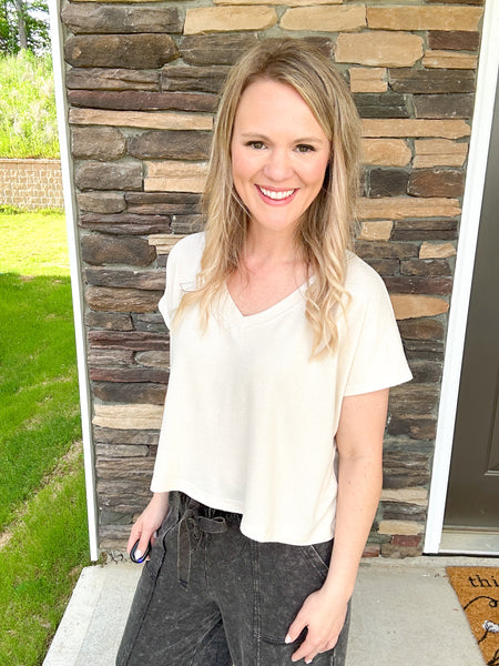 Beige Super Soft V Neck Cropped Top