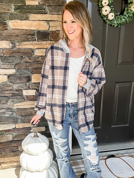 Taupe Plaid Hoodie Cardigan