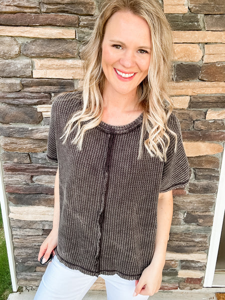 Washed Baby Waffle Top- Black