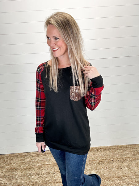 Holiday Plaid Sleeve with Sequin Pocket TOP
