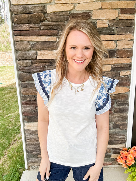 Blue Floral Ruffle Sleeve Top