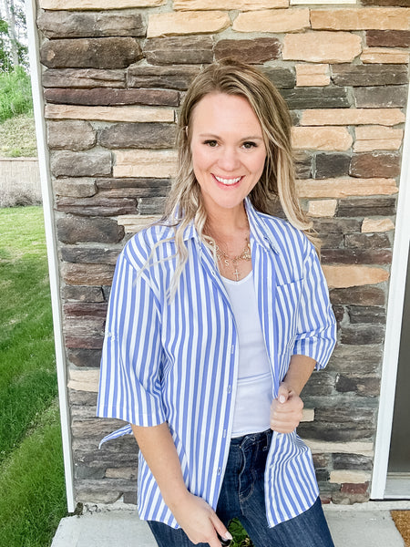 Blue Striped Button Down Top
