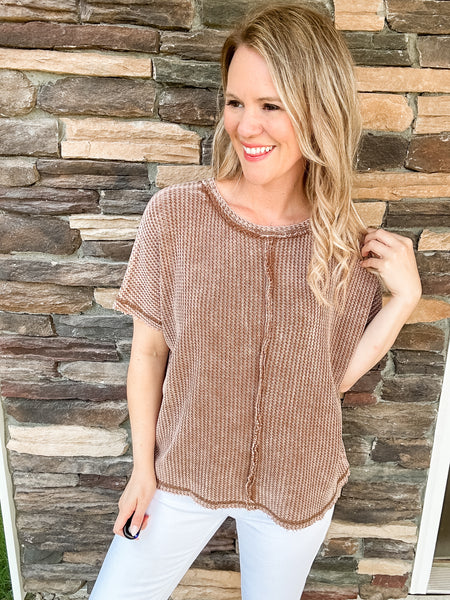 Washed Baby Waffle Top- Camel