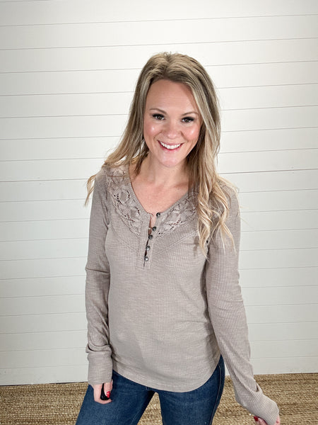 Taupe Ribbed Crochet Henley