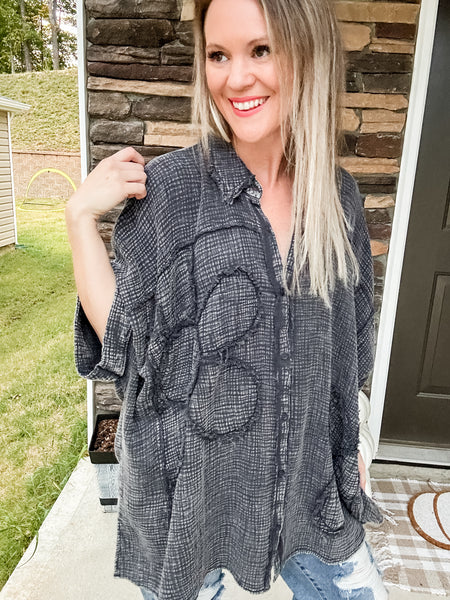 Dolman Flower Button Down - Black