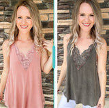 Crochet Lace V Neck Tank - Grey