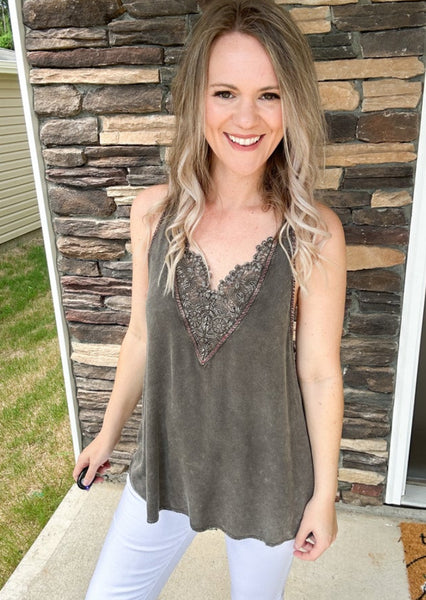 Crochet Lace V Neck Tank - Grey