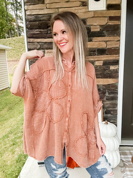 Dolman Flower Button Down - Mocha