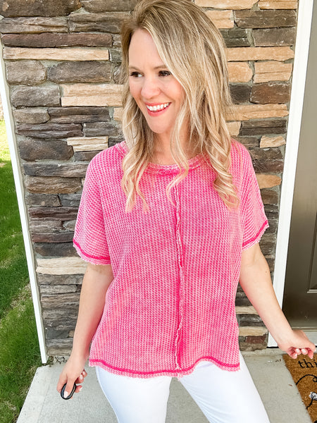 Washed Baby Waffle Top- Pink