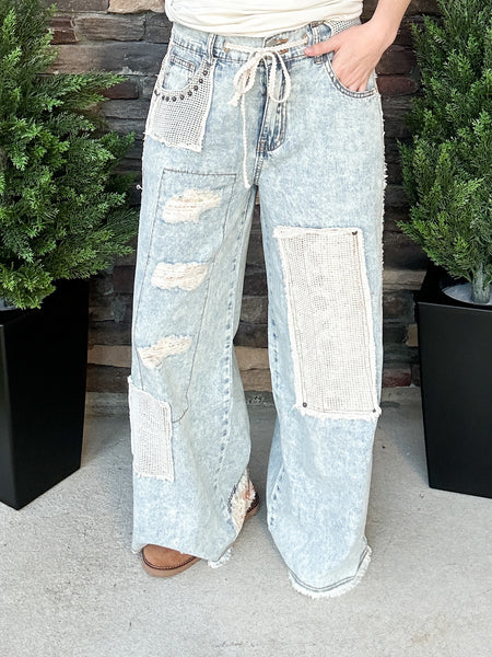 Denim Distressed Patch Pants
