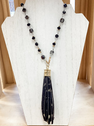 Black leather tassel necklace