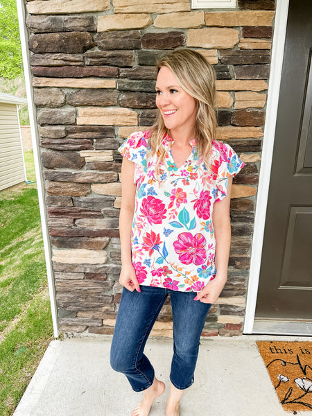 White Floral V Neck Top