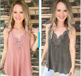 Crochet Lace V Neck Tank - Rose